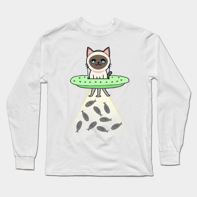 Funny siamese Cat is flying a spaceship Long Sleeve T-Shirt by Pet Station